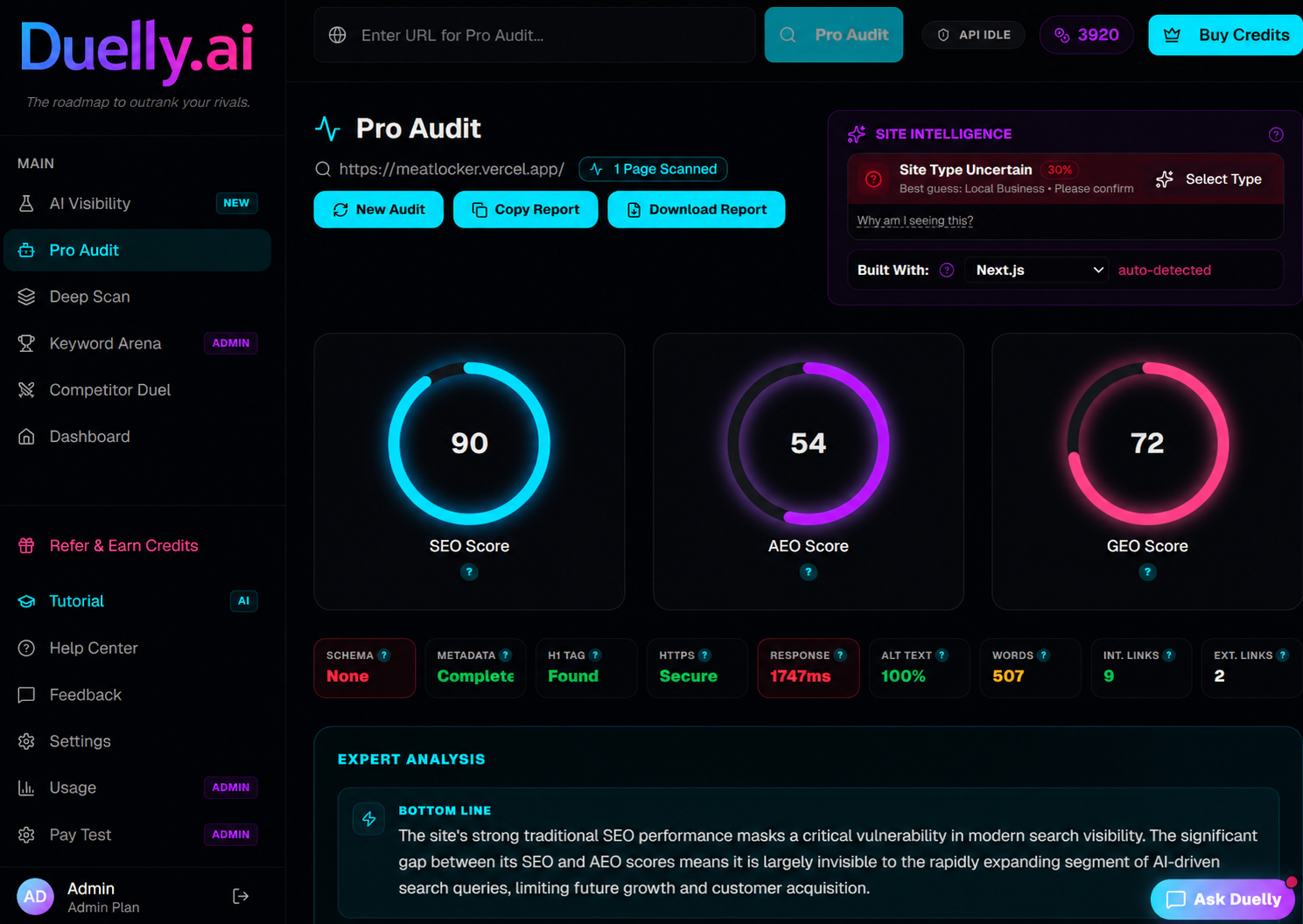 Duelly dashboard showing AI visibility scores and recommendations